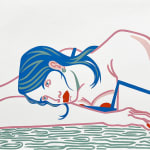 painting of a person with blue hair resting their head on their arm by water by Jillian Evelyn