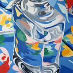 detail of Annie Duncan painting of clear nail polish bottle - open with brush on side. Bright floral background