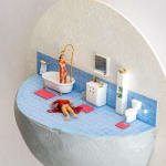 miniature diorama by Abigail Goldman a bloody woman washing herself in the shower next to a body bleeding out on the floor