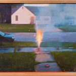 Painting of a firework going off on the sidewalk in front of a house, you can see the street and another house across the street. There is a small SUV parking along the sidewalk.