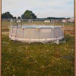 Painting of an above ground pool with the word "INTEX" in white on the side of the pool as well as a hose and a step ladder going into the pool. In the background is a chain fence and a few houses beyond the fence.