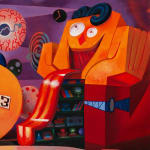 Painting of a studio set with a black and white swirling floor, a slide that is a long tongue coming out of a figures mouth, and veiny eye ball clock