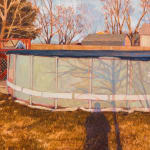 Painting of an above ground pool on browning grass. You can see the shadow of the person taking the image reflected on the grass and on the side of the pool. In the background is a few bare trees and house