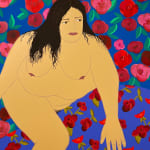 painting of a nude woman with curly dark hair in a squatting position surrounded by vivid floral patterns by Gina M. Contreras