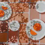 Natalia Juncadella painting of tiled floor with shadows, white plates with oranges