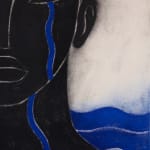 Hilda Palafox diptych of face of black hair and black faced woman crying blue tears into blue body of water - image is detail of face