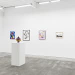 Install Image of "Oddkin", from left to right, “We Eat Lunch at Noon”, “Shelf with Fish, Sunburst & Plants”, “Forever a Leaky Lip”, “Untitled Urn #6”, “THIS THING OF OURS”, “Pale Lilac Trash”, “A Craving”, “We Wanted The You and The Me For Ourselves”