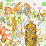 Detail shot of a painting by Mu Pan of creatures, animals and human hybrids eating, sleeping, killing, flying and climbing