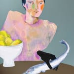 Painting of a woman holding a swordfish on a table with a black hand and a white bowl full of lemons