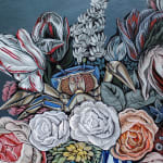 Tablescape painting of two black and white dogs on a table full of decadent food, including a basket of fruit with a grasshopper on it, a giant bouquet of flowers, a bowls of strawberries that has been know knocked over, a plate of giant shrimp, a bowl of whole fish and a white frosted cake that one of the dogs has walked into and gotten frosting all over the table.
