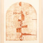 Madeleine Tonzi - Traced print in shades of red of stacking and layering landscapes, objects, and shapes.
