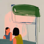 two woman facing each other in front of abstract shapes and lines