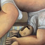 painting of a male figure curled over himself with a tree coming in from the window detail