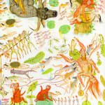 Detail shot of a painting by Mu Pan of creatures, animals and human hybrids eating, sleeping, killing, flying and climbing