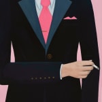painting by Angela Burson depicting a man in a black suit and pink tie against a pink background smoking a cigarette