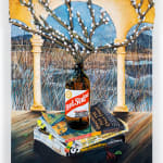 Nic Dyer's painting of flowers in a Red Stripe bottle