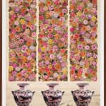 Collage of three columns of densely filled with cutout flowers with three identical vases