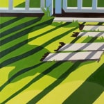detail of Natalia Juncadella painting of white fence and grass with shadows cast over it