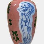 A pink ceramic pot with mickey mouse holding a gun, bugs bunny wearing cowboy outfit and a pinup girl holding her hat in her hands