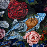 Detail photo of the floral bouquet and porcelain bowl with a fish in it by Sabrina Bockler