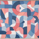 Framed multicolor wood relief sculptural piece made up of spiral shapes and curves by artist Scott Albrecht