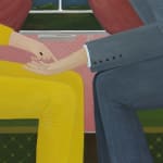painting of two people sitting facing one another with their knees nearly touching, one with their hand outstretched and the other person pointing at their palm by Angela Burson