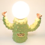Jen Dwyer sculpture lamp of green cactus with gold lips holding pink flowers