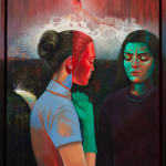Painting of two women facing each other in a field with a river running through the back.