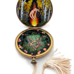 hand-cut watercolor collage in antique cosmetic compact by Shannon Taylor with a naked woman hovering over a large fire in the woods