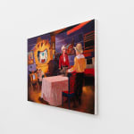 Painting of a television set with three men dressed as cowboys standing around a table with a red and white checkered table cloth. In the background is a painting on the wall of a cowboy and other western paraphernalia