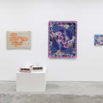 Install Image of "Oddkin", from left to right, “I’m A Friend”, “Go Get 'Em Tiger”, “Pair of Razors”, “Night Flyers”, “We Eat Lunch at Noon”, “Shelf with Fish, Sunburst & Plants”