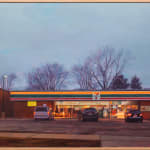 Painting of a 7/11 parking lot with three cars in the lot. There is a person going to the their car and another person dressed up as a ghost with a sheet over them
