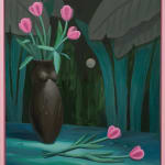 Corey Lamb painting of black vase shaped like female figure, filled with pink tulips, green foliage background