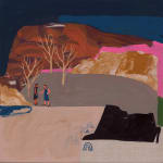 Painting of a landscape comprised of various color-blocked shapes, marbled paint, bare trees, and two figures by Seonna Hong