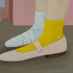 painting of a person with a bandaged foot and a pink mary jane shoe with yellow socks by Angela Burson