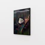 Painting of an iridescent stone floating above a table in the woods