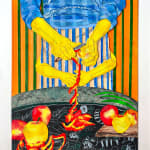 framed artwork by Pat Perry of a figure in blue with four yellow arms peeling an apple with an orange and green striped background