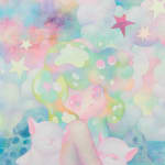 Painting by So Youn Lee of an iridescent figure with two pink dogs sitting in front of a bunch of iridescent clouds