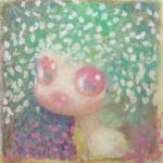 Painting of a figure with large pink eyes and green hair with white flowers in its hair