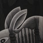 black and white painting of a ghost rabbit with a chair behind it