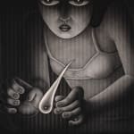 black and white painting of a girl holding a lit match