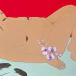 painting of a nude woman reclining on her back, with her knees bent holding a purple orchid, on her knee is a yellow butterfly and beside her arm are two small rats