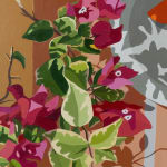 detail of Natalia Juncadella painting of tiles, orchid, oranges on plate and shadows