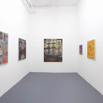 Installation photo of artwork on a white wall next to other paintings