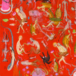 Detail shot of a painting by Mu Pan of creatures, animals and human hybrids eating, sleeping, killing, flying and climbing