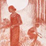 red toned work on paper by Genevieve Cohn depicting two shadow figures in long shift dresses crouched in a forest collecting fern leaves