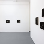Angela Fang Zirbes exhibition "House & Ghosts" featuring dark greyscale paintings on white gallery walls