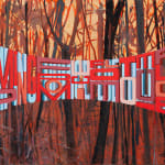 Painting with bare trees in the background on a yellow red sky in the foreground is the words Jumping From Ice Floe to Ice Floe in red and blue