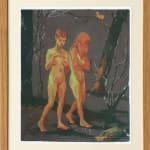 framed artwork of painting sketch of two nude girls walking through the woods