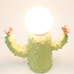 Jen Dwyer sculpture lamp of green cactus with gold lips holding pink flowers
